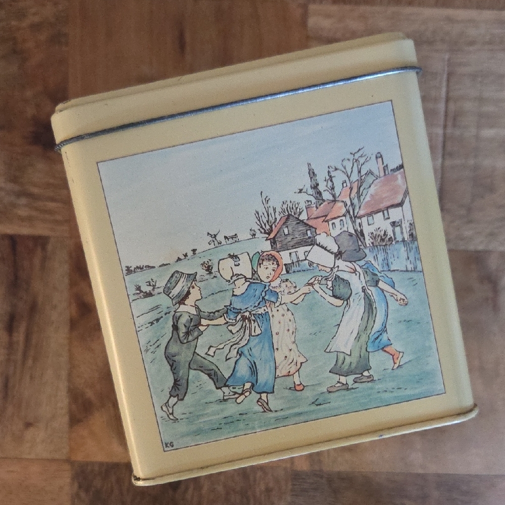 Vintage Style Cream Tin Box with Pastoral Scene